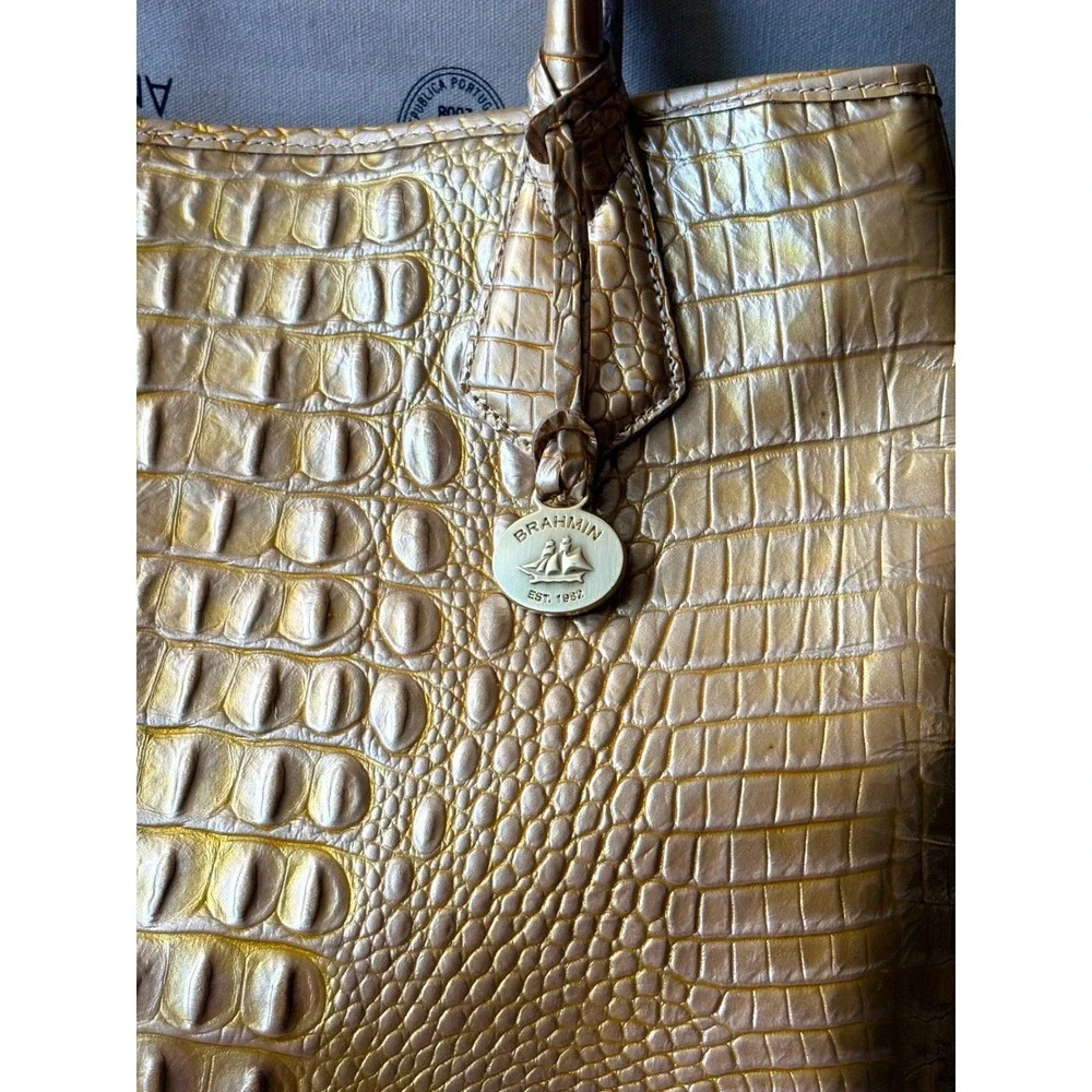NWT Brahmin Sol Glossy Anytime Tote Gold Croc Embossed Leather Bag Neutral